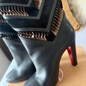 Christian Louboutin Black Leather & Suede High Heel Boots with Red Sole